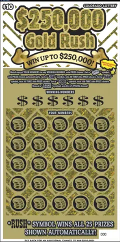 $250,000 Gold Rush $10 scratch-off ticket (image: Colorado Lottery)