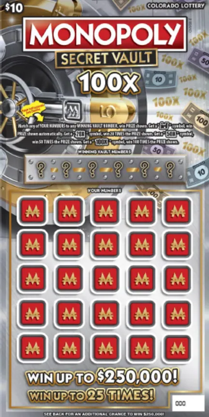 Monopoly™ Secret Vault 100X $10 Colorado scratch-off ticket