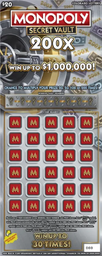 Monopoly™ Secret Vault 200X $20 Colorado scratch-off ticket