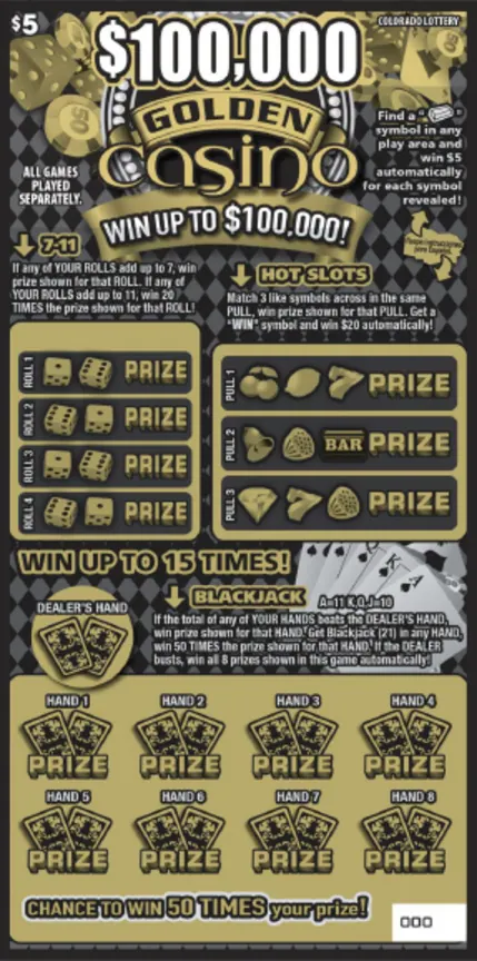 $100,000 Golden Casino $5 Colorado scratch-off ticket