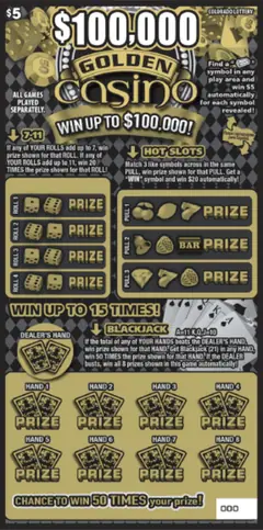 $100,000 Golden Casino $5 scratch-off ticket