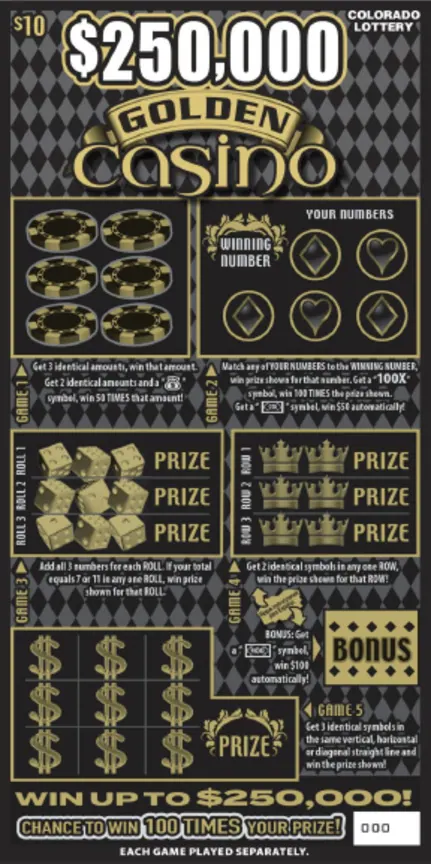 $250,000 Golden Casino $10 Colorado scratch-off ticket