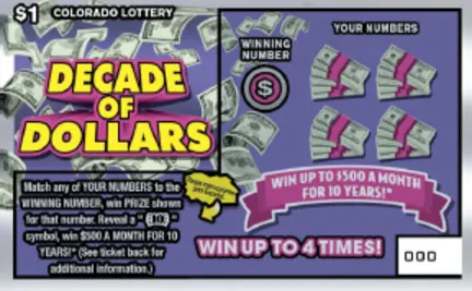 Decade of Dollars $1 Colorado scratch-off ticket