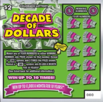 Decade of Dollars $2 Colorado scratch-off ticket