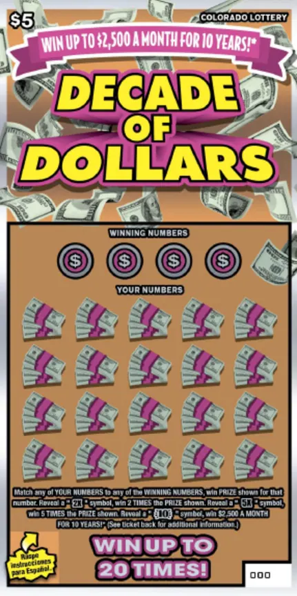 Decade of Dollars $5 Colorado scratch-off ticket