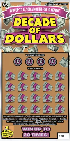 Decade of Dollars $5 scratch-off ticket