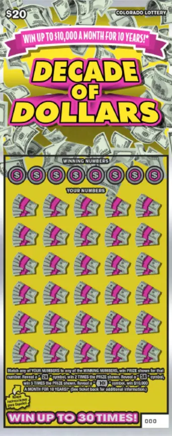 Decade of Dollars $20 Colorado scratch-off ticket