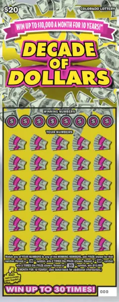 Decade of Dollars $20 scratch-off ticket