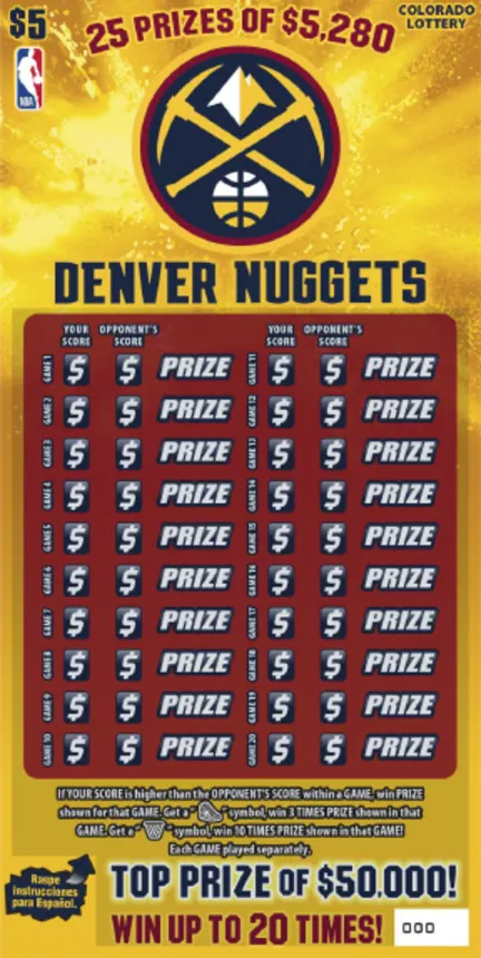 Denver Nuggets $5 Colorado scratch-off ticket