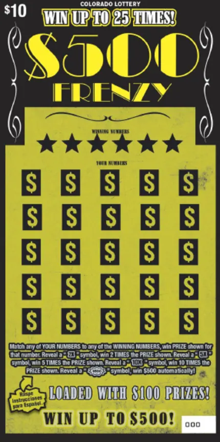 $500 Frenzy $10 Colorado scratch-off ticket