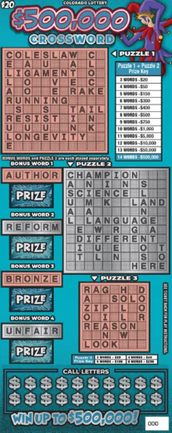 $500,000 Crossword $20 Colorado scratch-off ticket