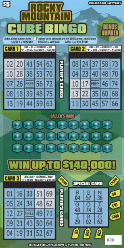 Rocky Mountain Cube Bingo $5 Colorado scratch-off ticket