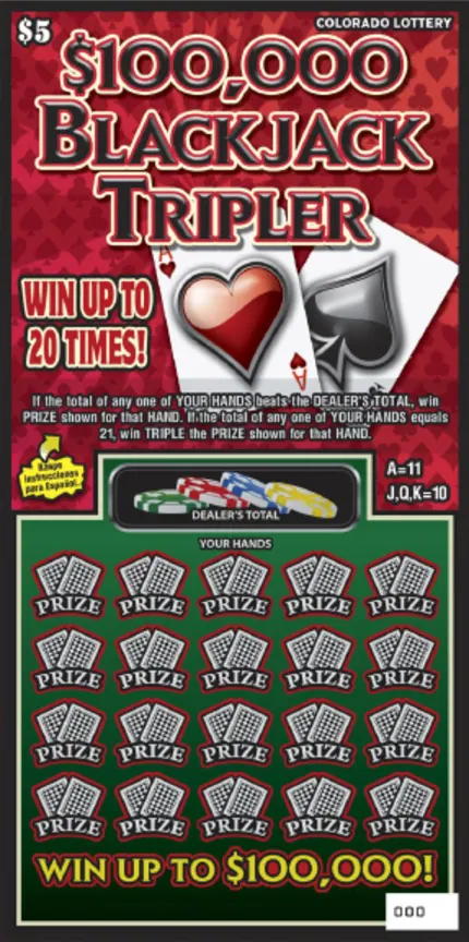 $100,000 Blackjack Tripler $5 Colorado scratch-off ticket
