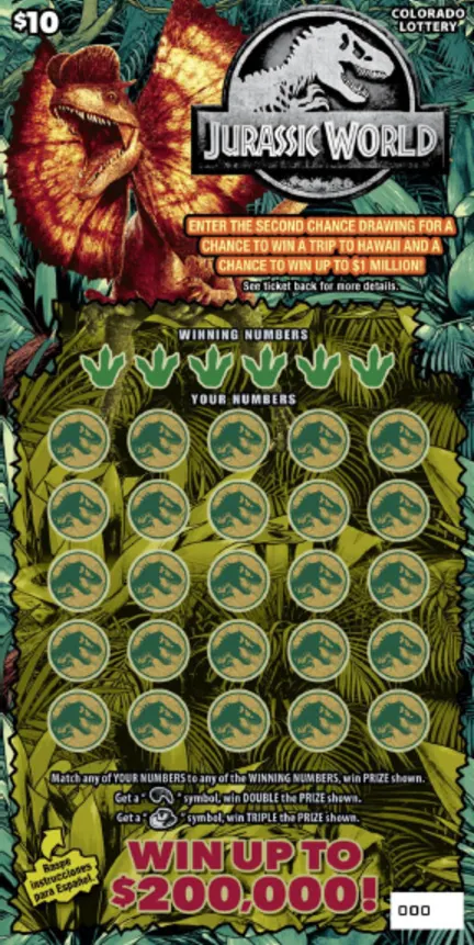 JURASSIC WORLD $10 Colorado scratch-off ticket