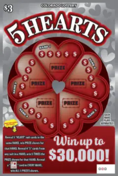 5 HEARTS $3 scratch-off ticket