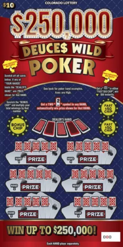 $250,000 DEUCE$ WILD POKER $10 Colorado scratch-off ticket