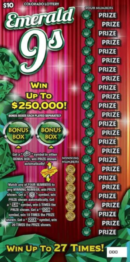 EMERALD 9s $10 Colorado scratch-off ticket