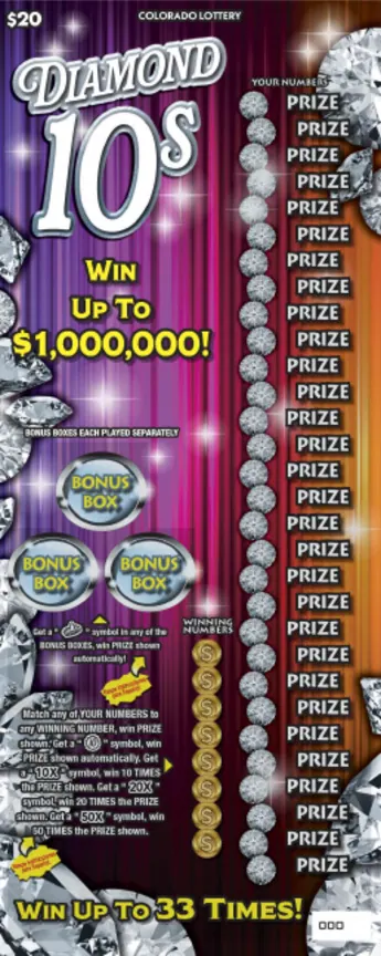 DIAMOND 10s $20 Colorado scratch-off ticket