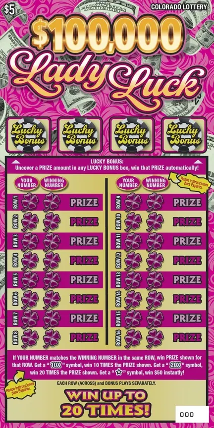 LADY LUCK $5 Colorado scratch-off ticket