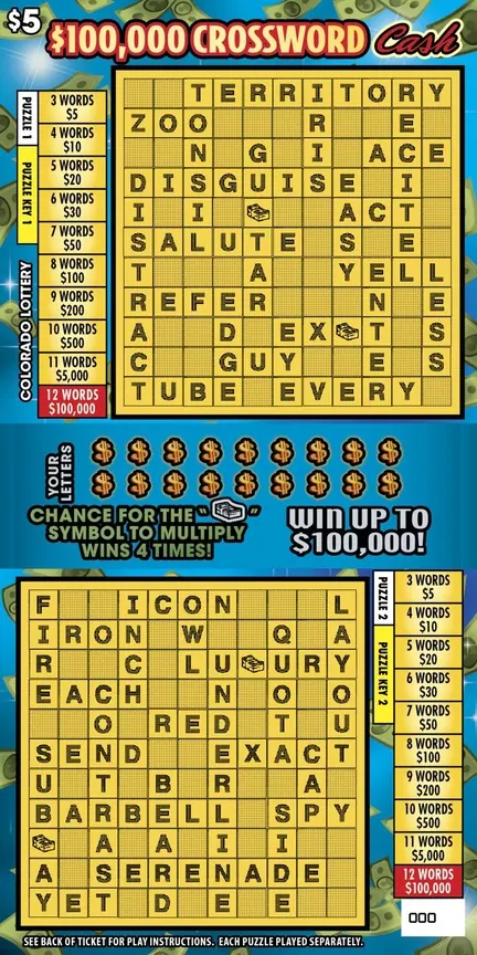 CROSSWORD CASH $5 Colorado scratch-off ticket