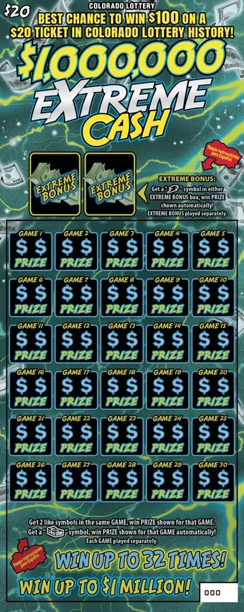 EXTREME CASH $20 Colorado scratch-off ticket
