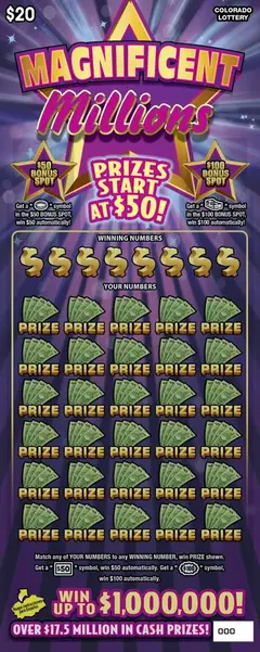 MAGNIFICENT MILLIONS $20 scratch-off ticket (image: Colorado Lottery)
