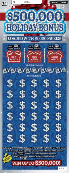$500,000 HOLIDAY BONUS $20 scratch-off ticket (image: Colorado Lottery)