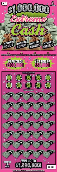 $$1,000,000 Extreme Cash $30 scratch-off ticket