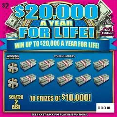$$20,000 A Year For Life 2Nd Ed $2 scratch-off ticket