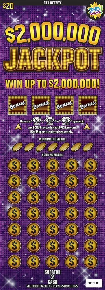 $$2,000,000 Jackpot $20 Connecticut scratch-off ticket