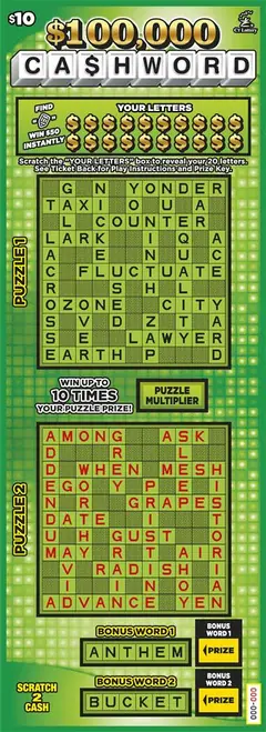 $$100,000 Ca$Hword $10 scratch-off ticket