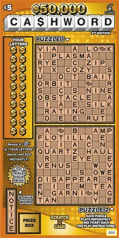 $$50,000 Ca$Hword 2Nd Edition $5 scratch-off ticket