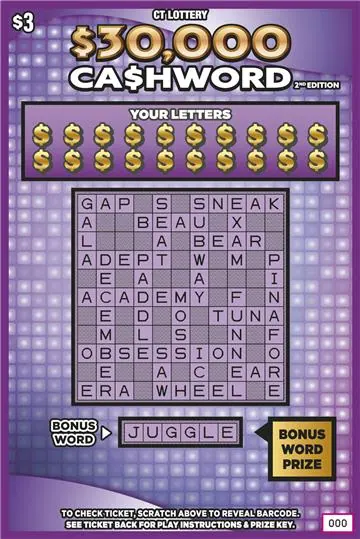 $$30,000 Ca$Hword 2Nd Edition $3 Connecticut scratch-off ticket