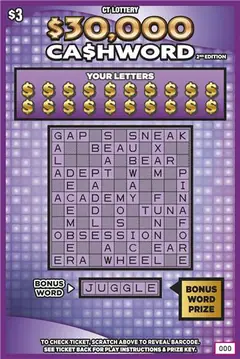 $$30,000 Ca$Hword 2Nd Edition $3 scratch-off ticket (image: CT Lottery)