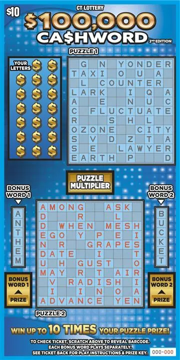 $$100,000 Ca$Hword 2Nd Edition $10 Connecticut scratch-off ticket