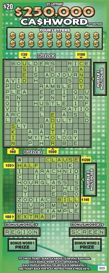 $$250,000 Ca$Hword 2Nd Edition $20 Connecticut scratch-off ticket