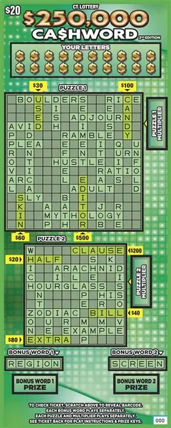 $$250,000 Ca$Hword 2Nd Edition $20 scratch-off ticket (image: CT Lottery)