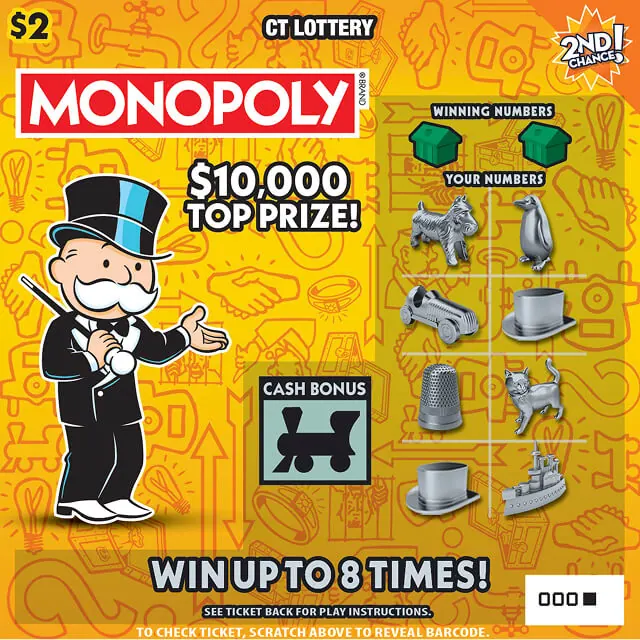 $$2 Monopoly $2 Connecticut scratch-off ticket