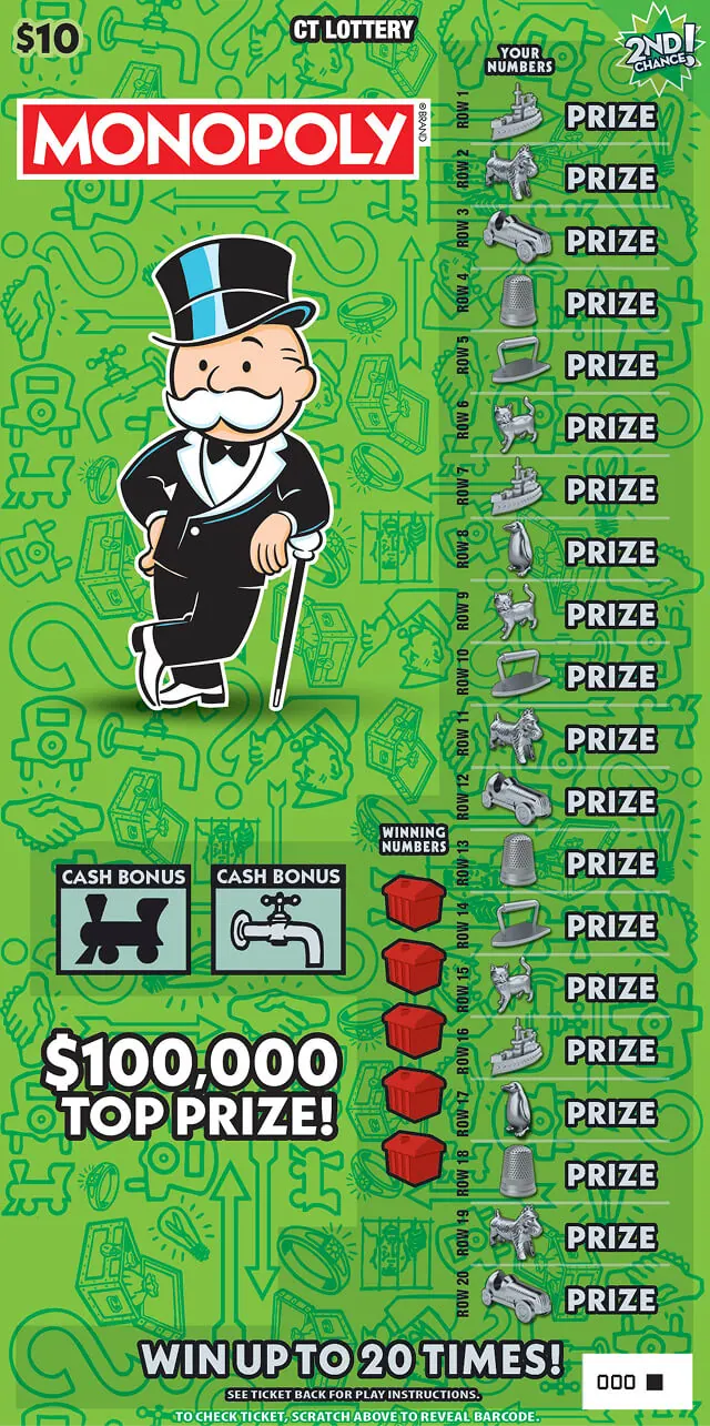$$10 Monopoly $10 Connecticut scratch-off ticket