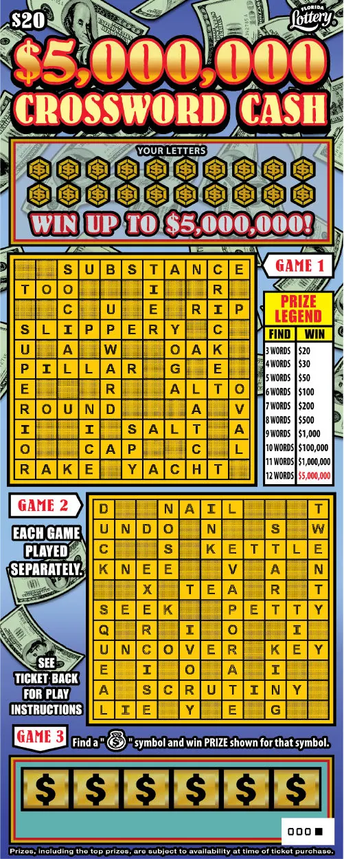$5MM Crossword Cash $20 Florida scratch-off ticket
