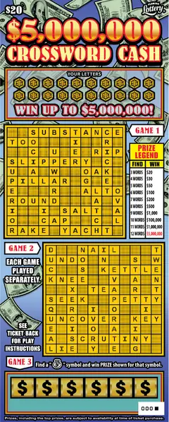 $5MM Crossword Cash $20 scratch-off ticket