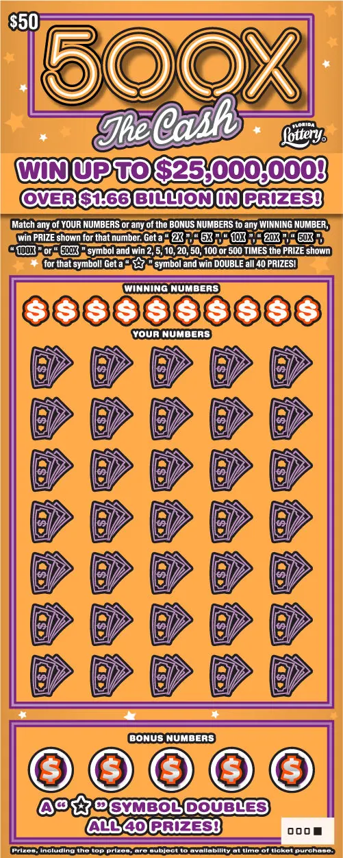 500X The Cash $50 Florida scratch-off ticket