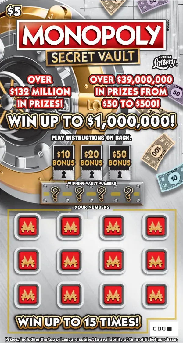 MONOPOLY™ SECRET VAULT $5 Florida scratch-off ticket