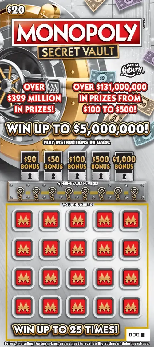 MONOPOLY™ SECRET VAULT $20 Florida scratch-off ticket