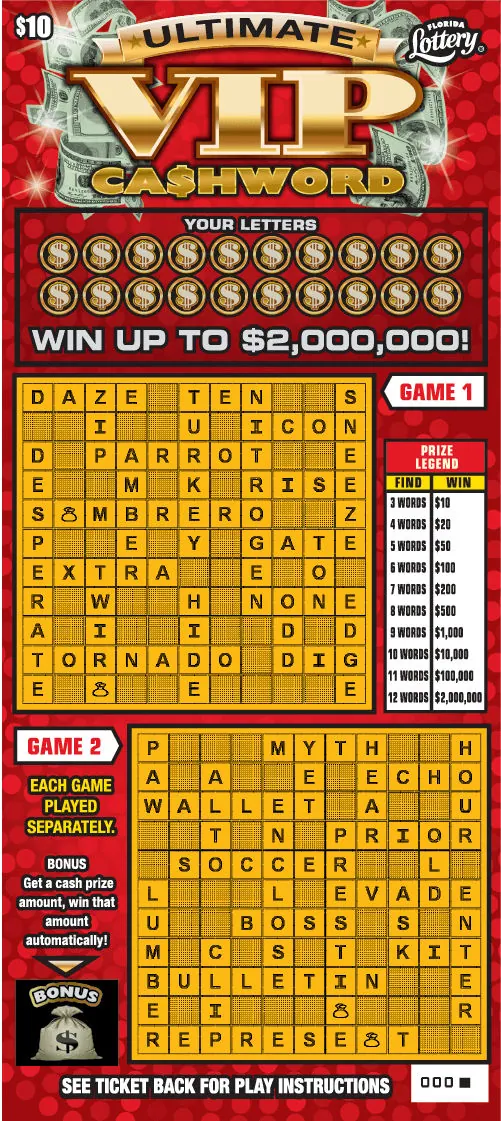 Ultimate VIP Ca$hword $10 Florida scratch-off ticket