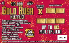 $10,000 GOLD RUSH MULTIPLIER $1 scratch-off ticket