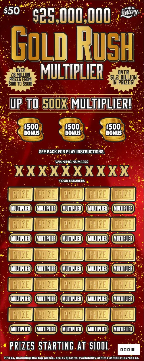 $25,000,000 GOLD RUSH MULTIPLIER $50 Florida scratch-off ticket