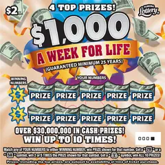 $1,000 A Week For Life $2 scratch-off ticket