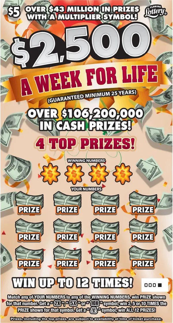 $2,500 A Week For Life $5 Florida scratch-off ticket