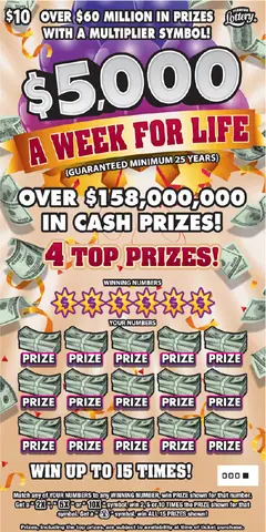 $5,000 A Week For Life $10 scratch-off ticket